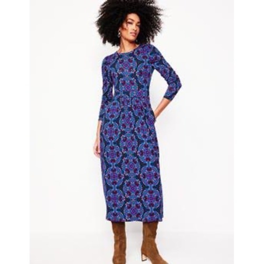 Boden Dress Puff Sleeve Blouson Medallion Print Purple Pink Blue 12 Boho Chic‎